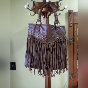 Brown Faux Leather Fringe Tote Bag Boho Western Studded Shoulder Bag